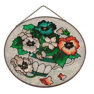 Vintage Acrylic Glass Film Suncatcher Ornament Floral Tea Cup Window Hanging 7"